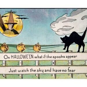 Halloween Postcard Metropolitan News 412 Black Cat On Fence Non Posted Vintage